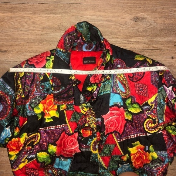 VTG 80s Elements Bright Colourful Floral Paisley Art Print Long Bomber Jacket - Picture 10 of 12